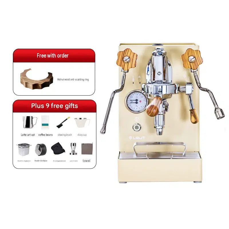 Front view of the cream LELIT Mara X espresso machine with its gift accessories