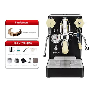Front view of the black LELIT Mara X espresso machine with its gift accessories