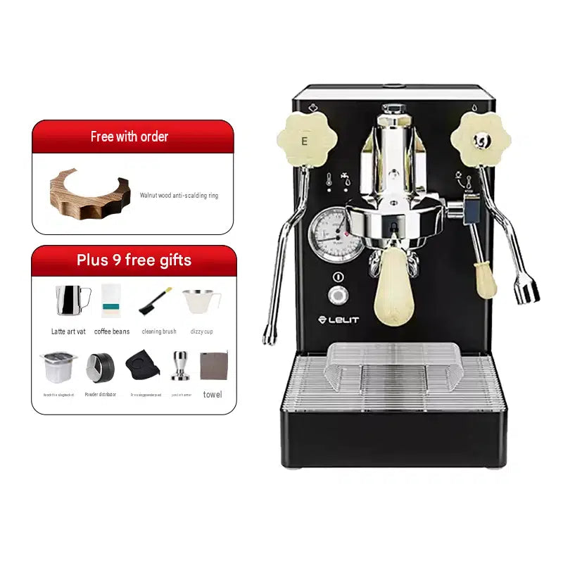 Front view of the black LELIT Mara X espresso machine with its gift accessories