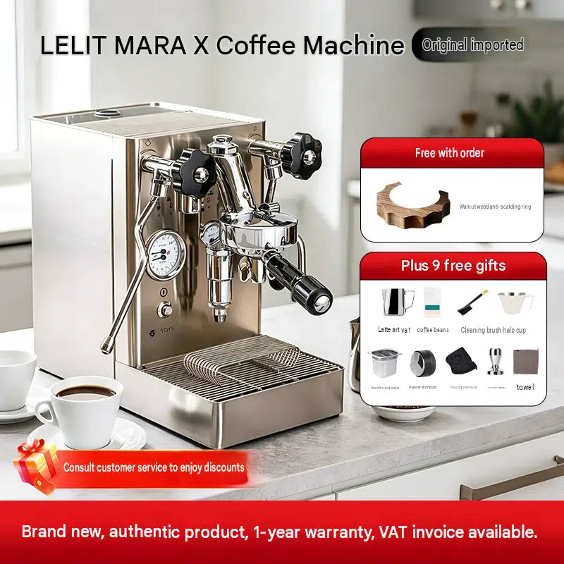 Silver LELIT Mara X espresso machine on a countertop with gift items and promotional text