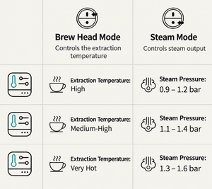 LELIT Mara X specifications photo showing brew head and steam mode settings