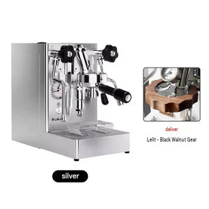 Side view of the silver LELIT Mara X espresso machine with a gift gear accessory