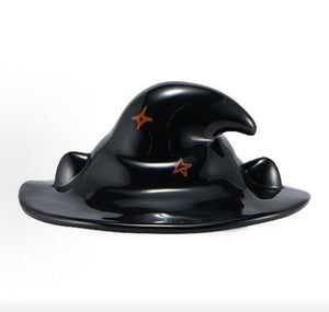 Starbucks halloween pumpkin cup top view of the black witch hat lid