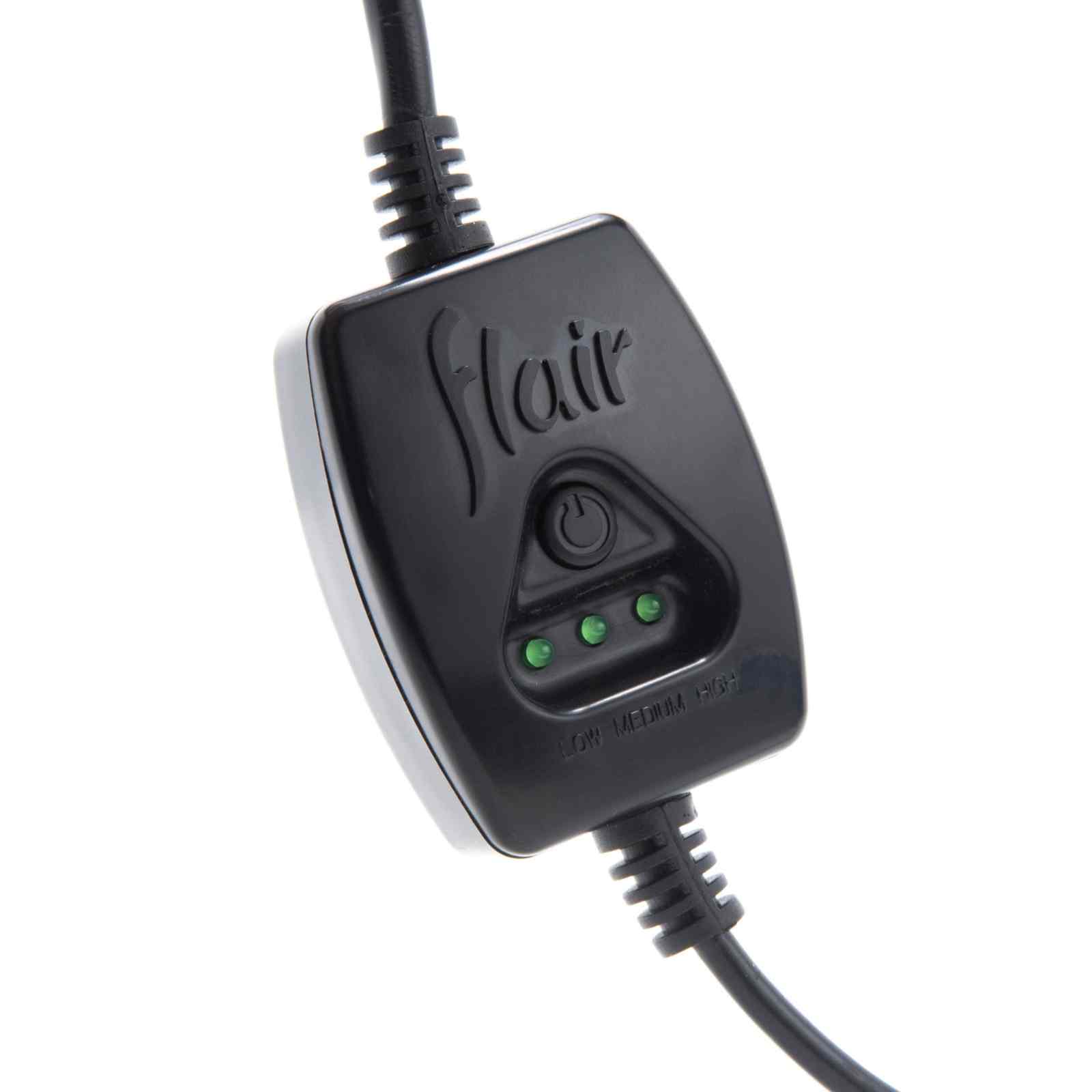 Close-up of the upgraded Plus 2 thermal controller showing the three heat setting indicators and the power button.