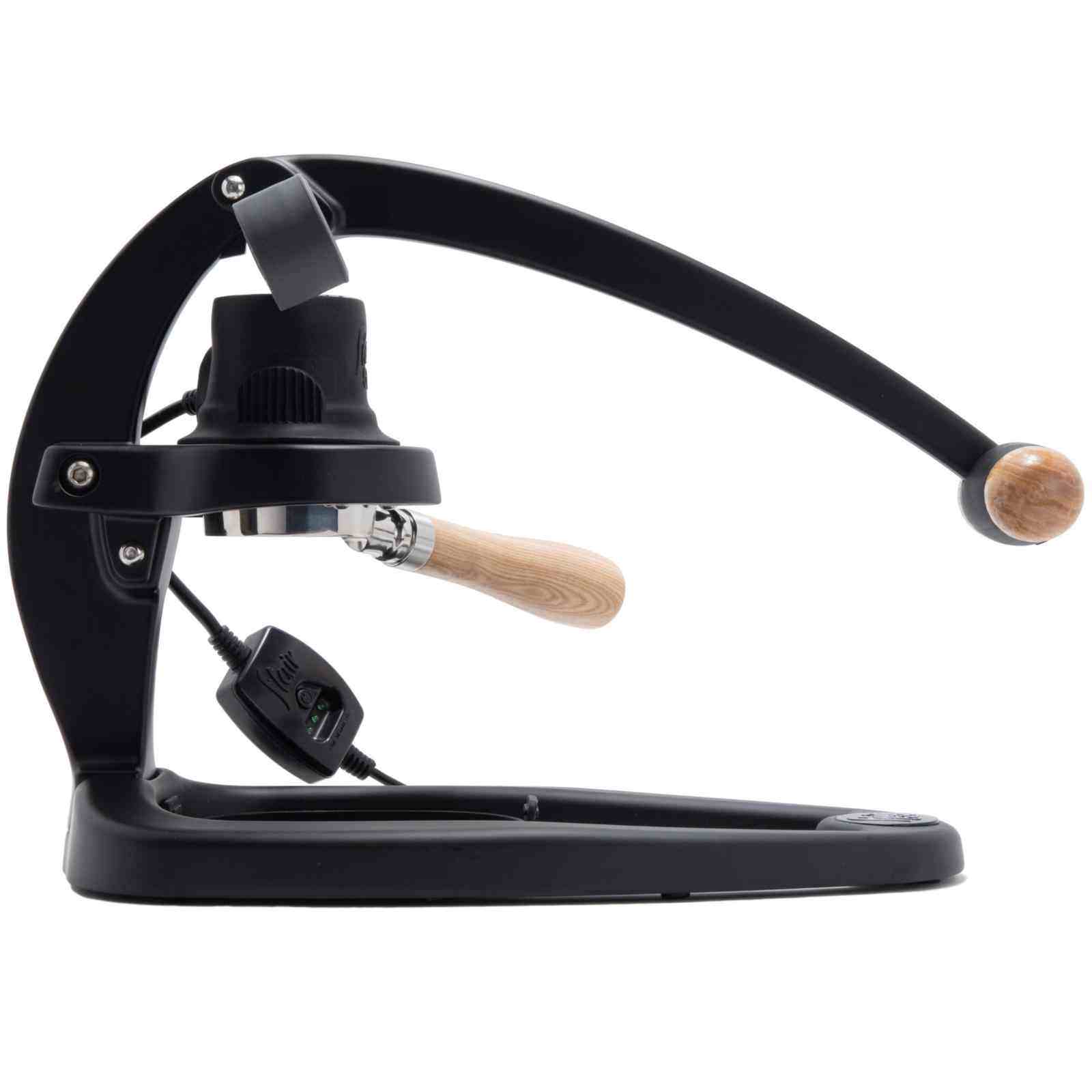Side profile of the Flair 58 Plus 2 manual lever machine highlighting its sleek ergonomic arch and robust metal frame.