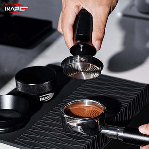 iKAPE spring loaded espresso tamper with ripple base and transparent handle for precise coffee tamping