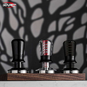 iKAPE spring loaded espresso tamper with ripple base and transparent handle