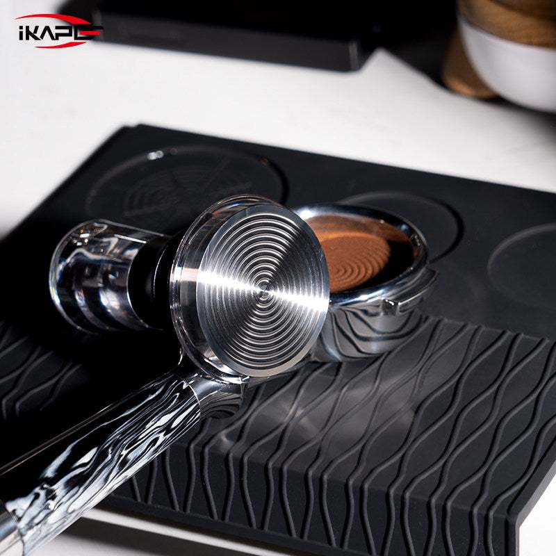 iKAPE spring loaded espresso tamper with ripple base and transparent handle for consistent tamping pressure
