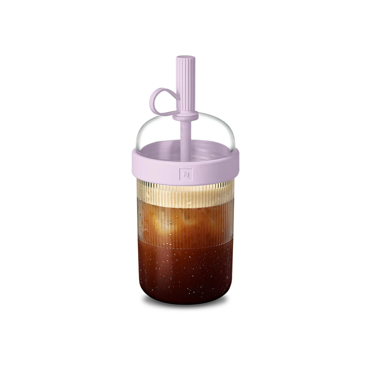 Iced coffee shaker cup in lavender purple on white background