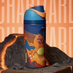 Owala Pikachu water bottle in orange and navy, front view