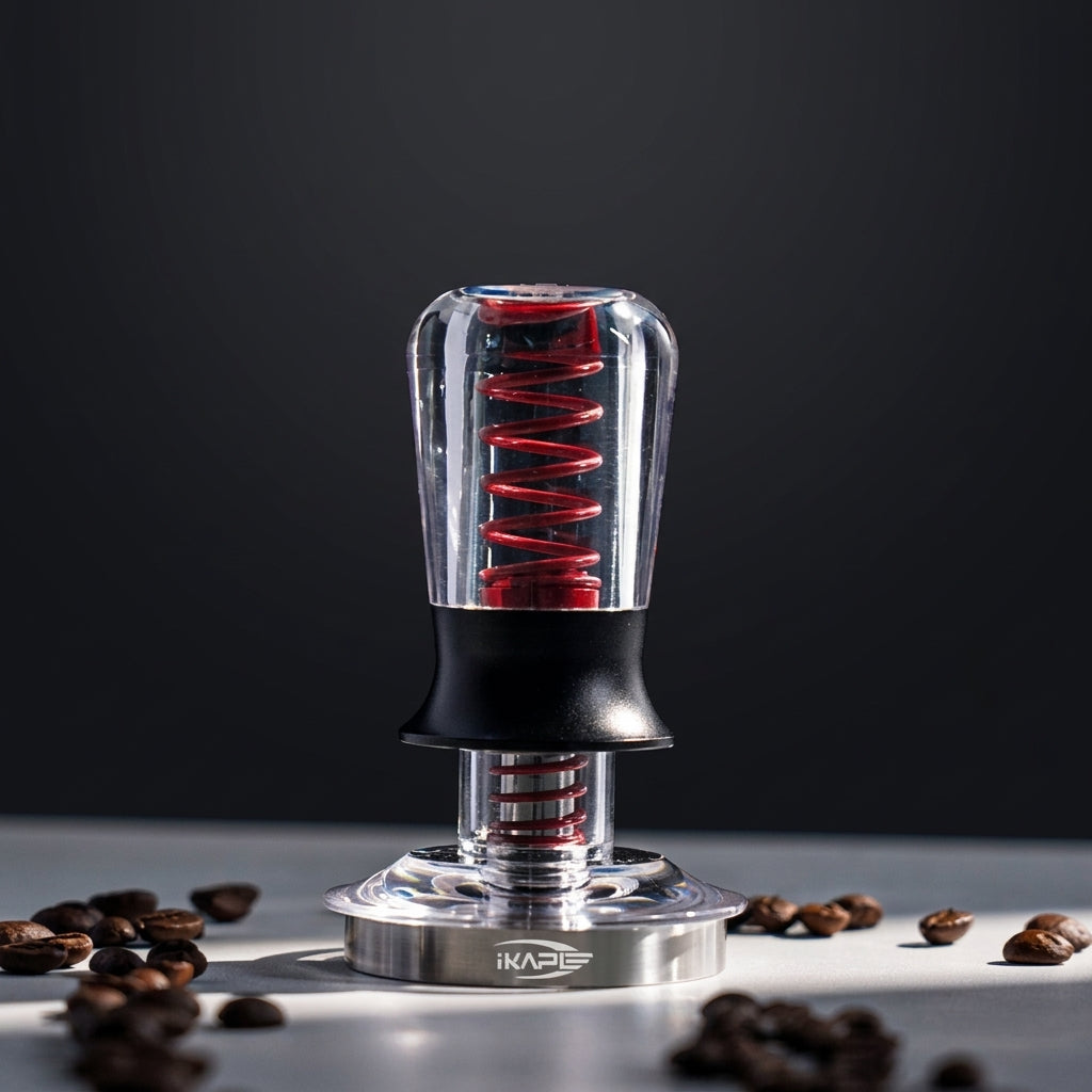 IKAPE calibrated espresso tamper with acrylic handle and stainless steel base