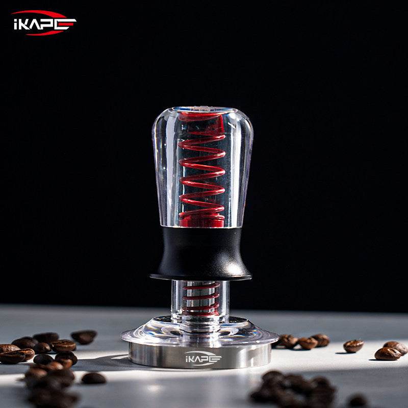 iKAPE spring loaded espresso tamper with ripple base and transparent handle for precise coffee tamping