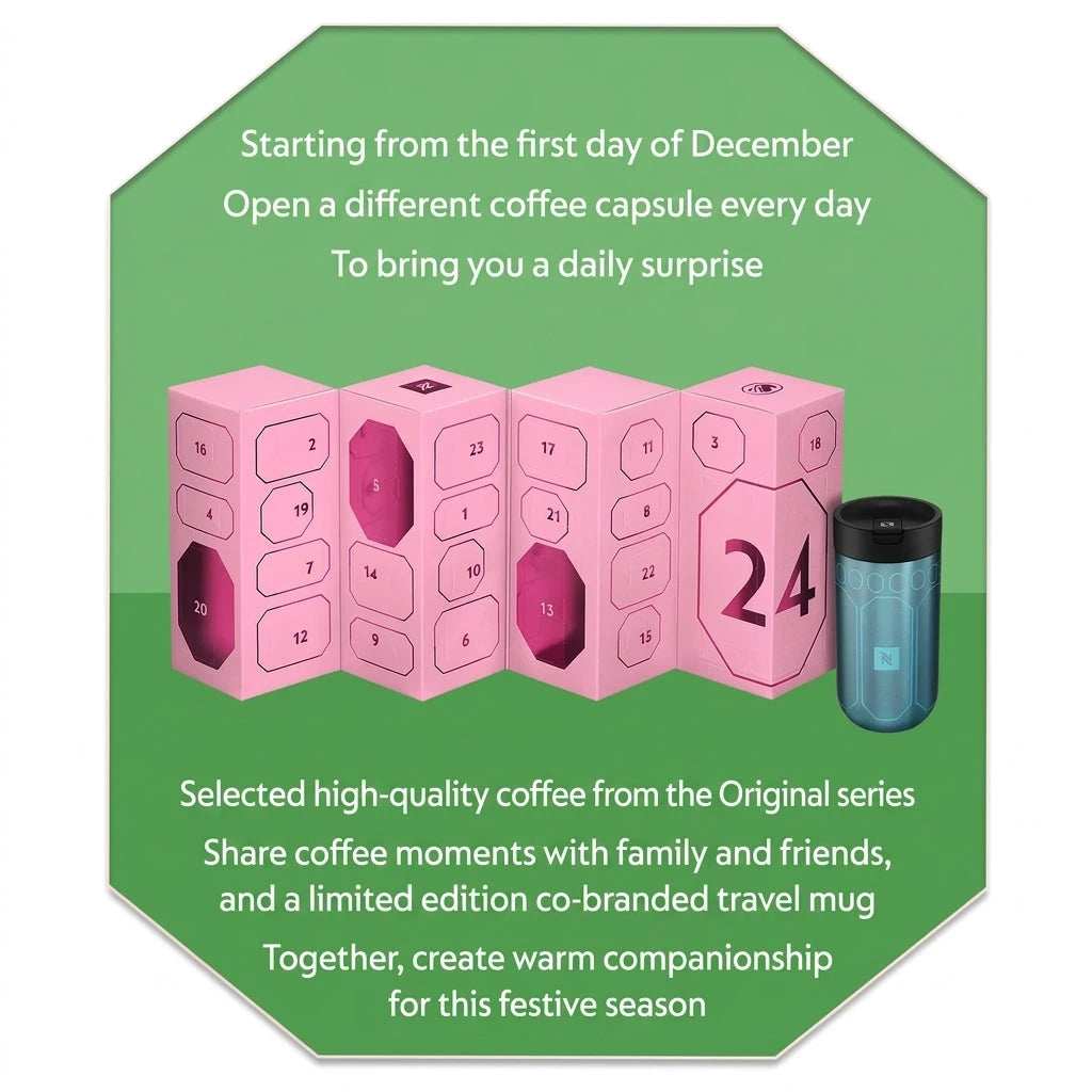 Nespresso advent calendar top angled view showing numbered compartments and travel cup