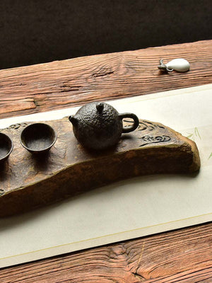 Handcrafted natural stone tea tray with traditional carvings for Gongfu tea ceremony
