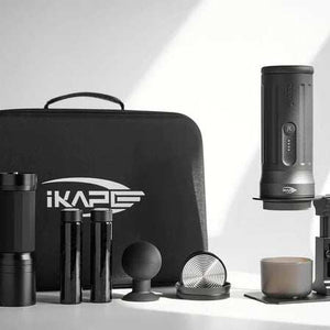 IKAPE Hard Shell Portable Espresso Maker Travel Case in black with custom foam compartments and durable zipper closure