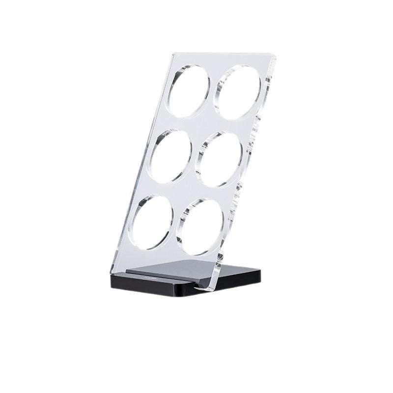 IKAPE Clear Acrylic espresso filter basket holder stand with six slots and black ABS base on countertop
