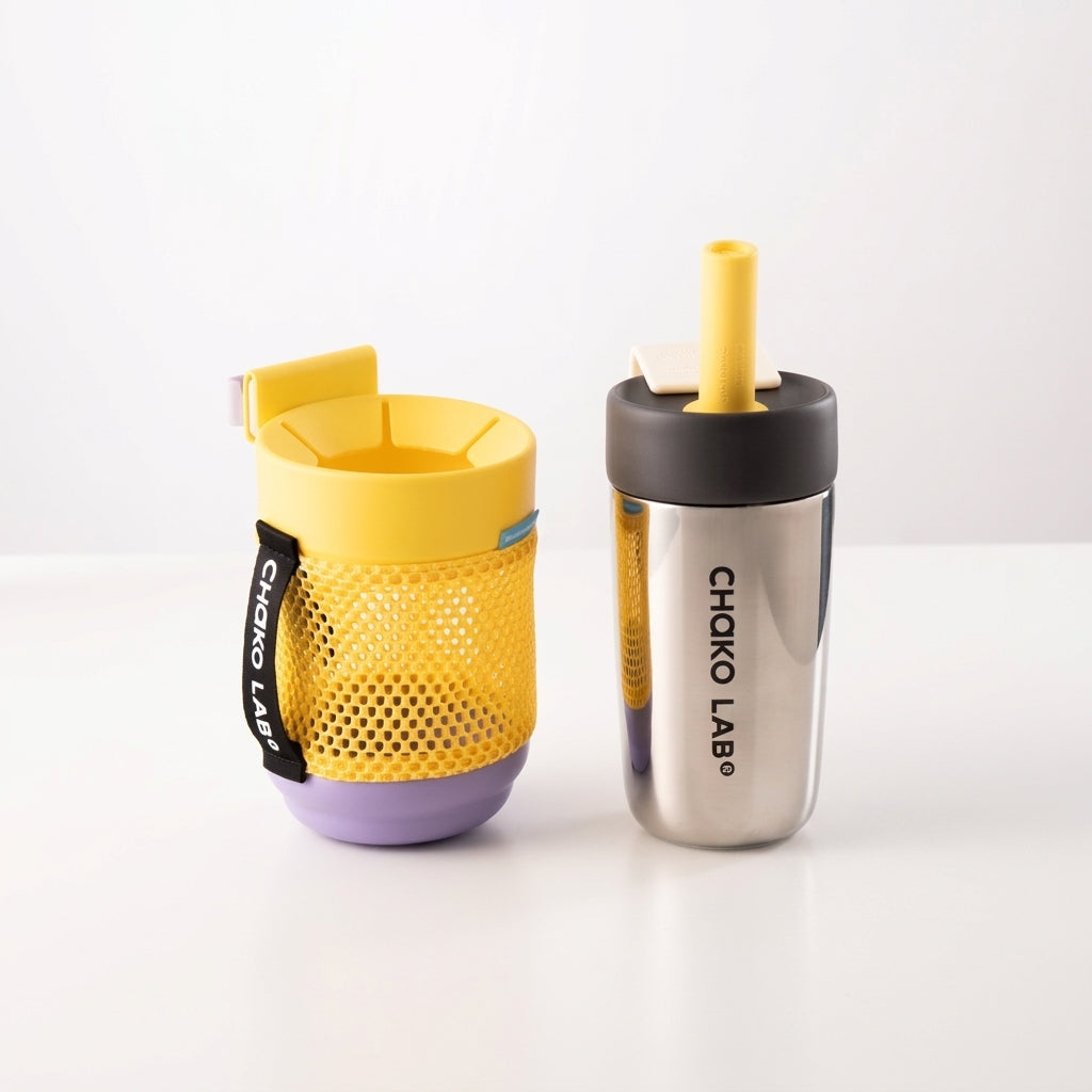 CHaKOLAB Jingyue silver tumbler with yellow straw and yellow mesh pouch