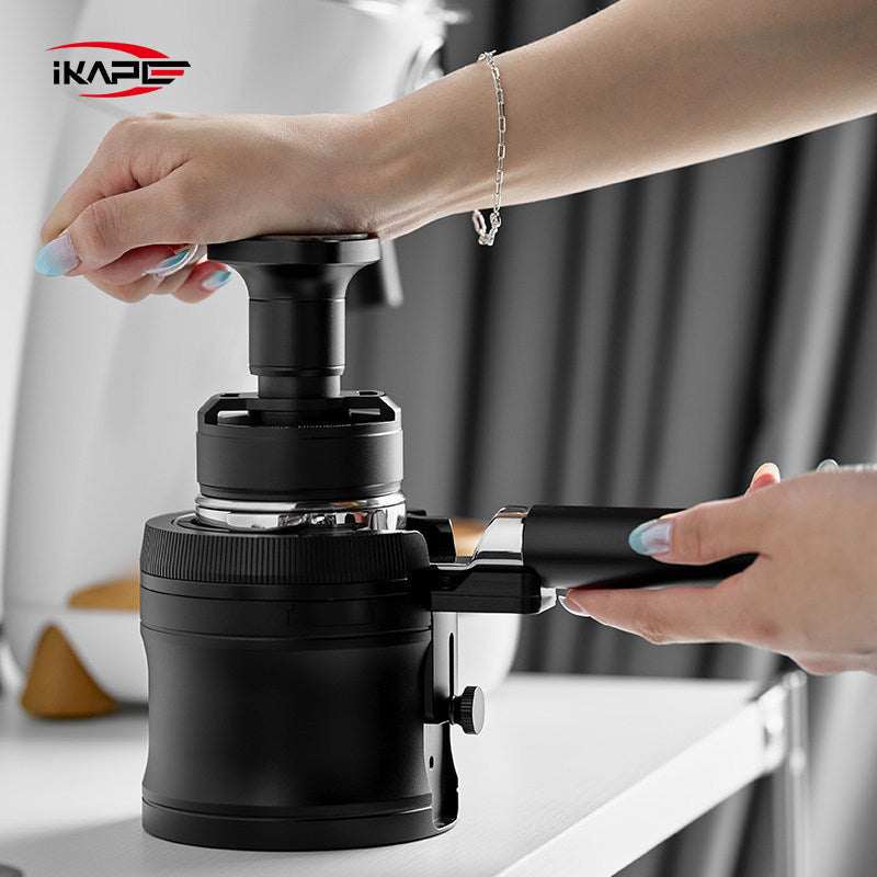 IKAPE Espresso Portafilter Holder universal tamping station in matte black with adjustable height knob