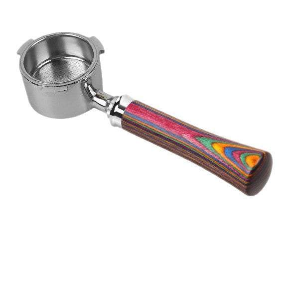 IKAPE Rainbow Wood Handle espresso bottomless portafilter with vibrant Aurora wood and stainless steel filter basket