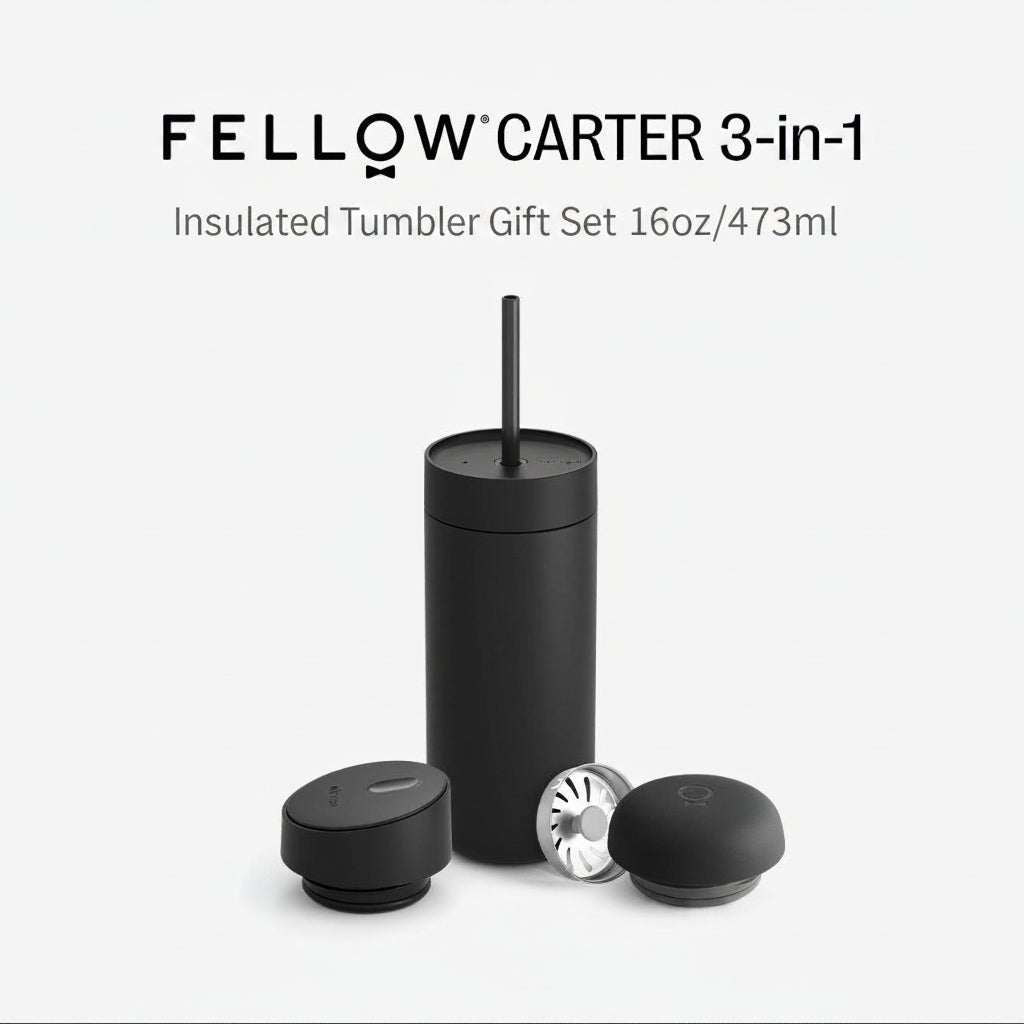 Fellow Carter 3-in-1 Insulated Tumbler gift set with three interchangeable lids and ceramic coating, 16oz capacity