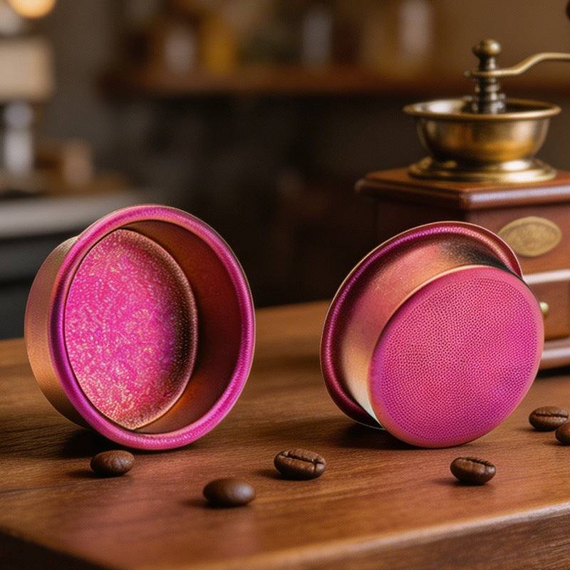 Titanium 58mm portafilter basket, 18g precision espresso filter in a rainbow gradient finish