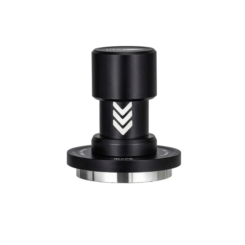 IKAPE calibrated impact espresso tamper in matte black and metallic silver