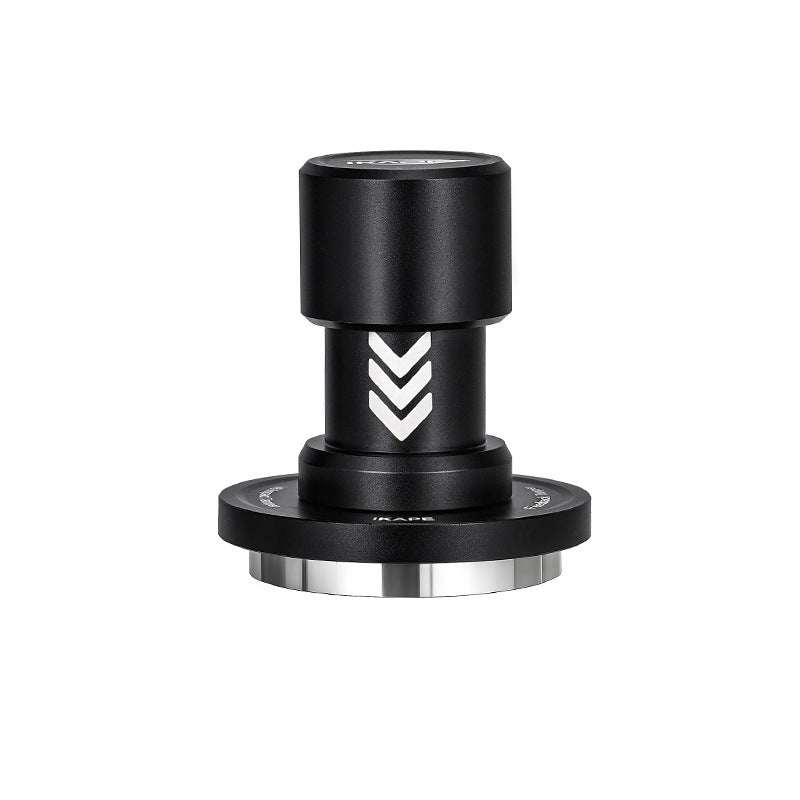 IKAPE Calibrated Impact Espresso Tamper with matte black anodized aluminum handle and stainless steel concentric ripple base for precise tamping