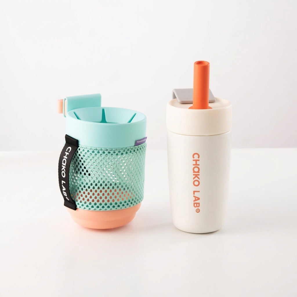 CHaKOLAB Baixi white tumbler with orange straw and mint green mesh pouch