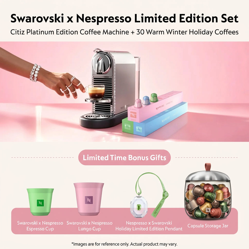 Nespresso Citiz Swarovski Edition promotional image with machine in use and gift items