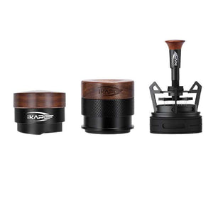 IKAPE 3-Piece Espresso Tamper and Distributor Tool Set with walnut wood handles and stainless steel design