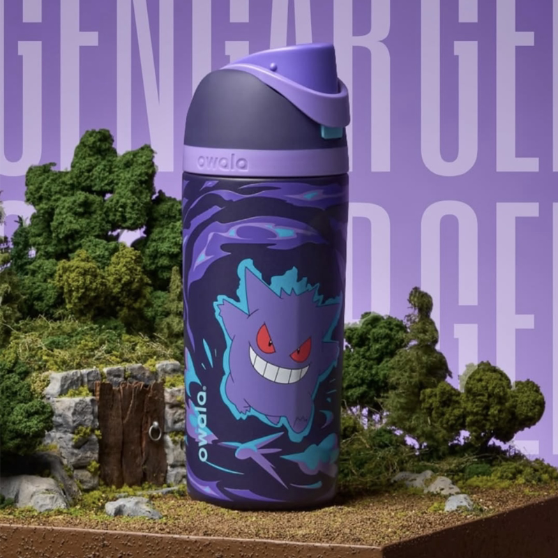 Owala Gengar water bottle in purple, front view