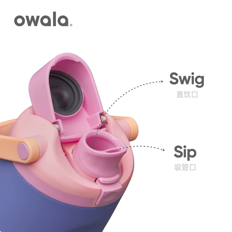 Owala kids water bottle flip lid showing straw spout in pink and purple
