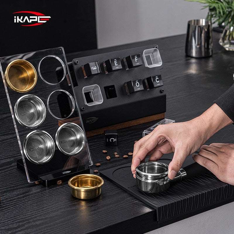 IKAPE Clear Acrylic espresso filter basket holder stand with 6-slot storage and ABS base