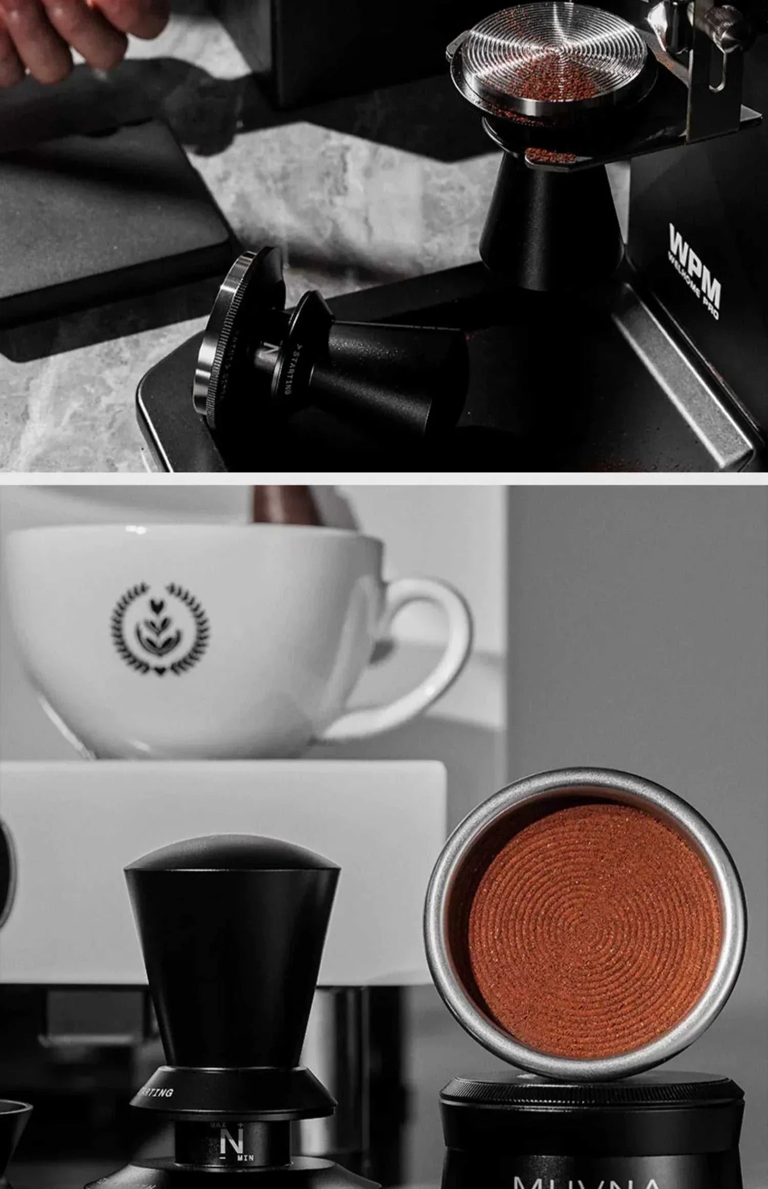 تامبر MUVNA Espresso أفقي أسود مطفي بضبط عمق لا نهائي وقاعدة ستانلس ستيل لتوزيع مثالي للضغط
