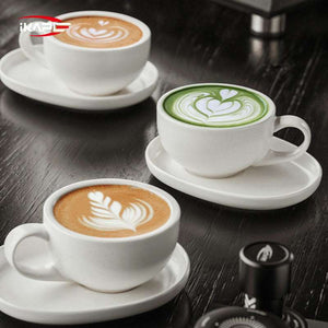 IKAPE Ceramic Coffee Cup with saucer set 300ml matte white textured ceramic cup with glazed interior and oval saucer