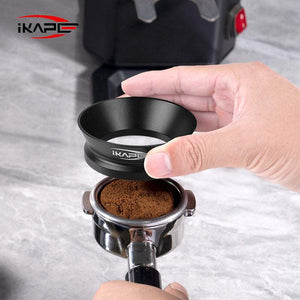 IKAPE Universal Magnetic Espresso Dosing Funnel in matte black on a portafilter