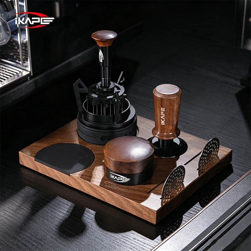 IKAPE Premium Wooden Espresso Tamper and Distributor Set with natural wood handles and stainless steel bases for precise coffee tamping and distribution