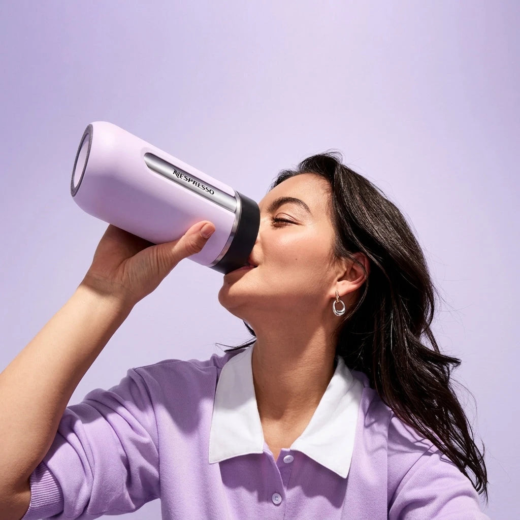 Person drinking from purple insulated travel mug