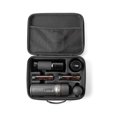 Black IKAPE Hard Shell portable espresso maker travel case with custom foam compartments and zipper closure