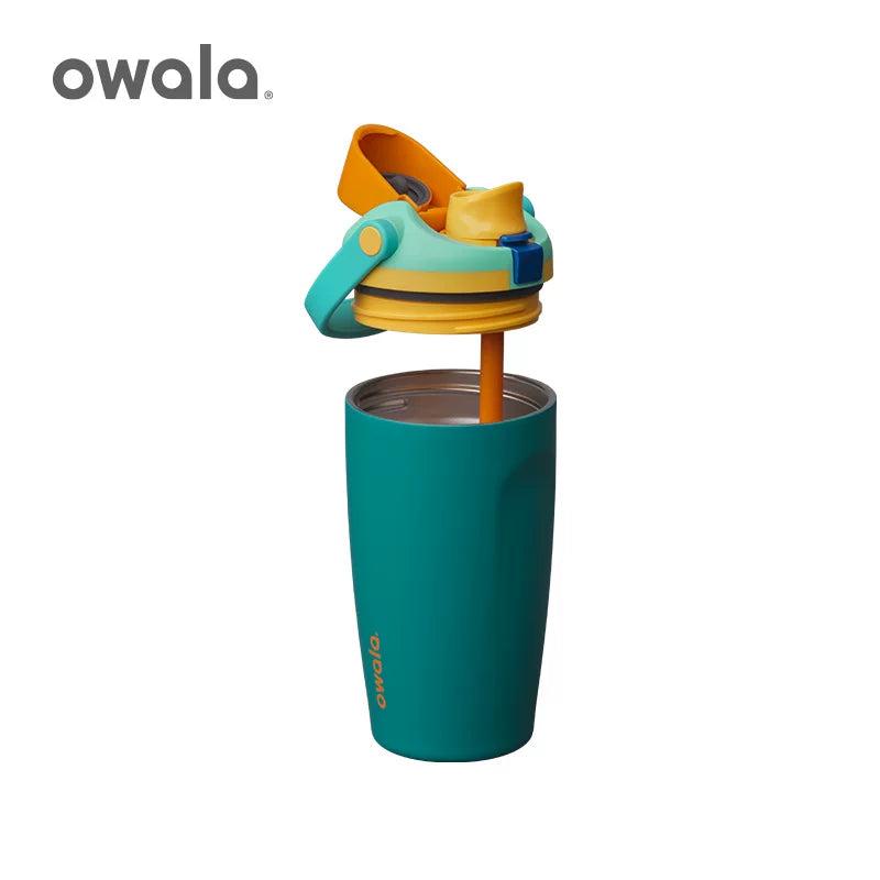 Owala 18 oz kids water bottle with lid open showing interior