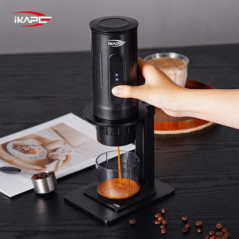 IKAPE 2-in-1 Electric Portable Espresso Maker with detachable cup and USB charging cable in black and white colors