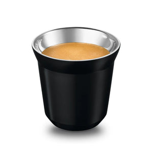 Black double-layer espresso cup with coffee, angled view