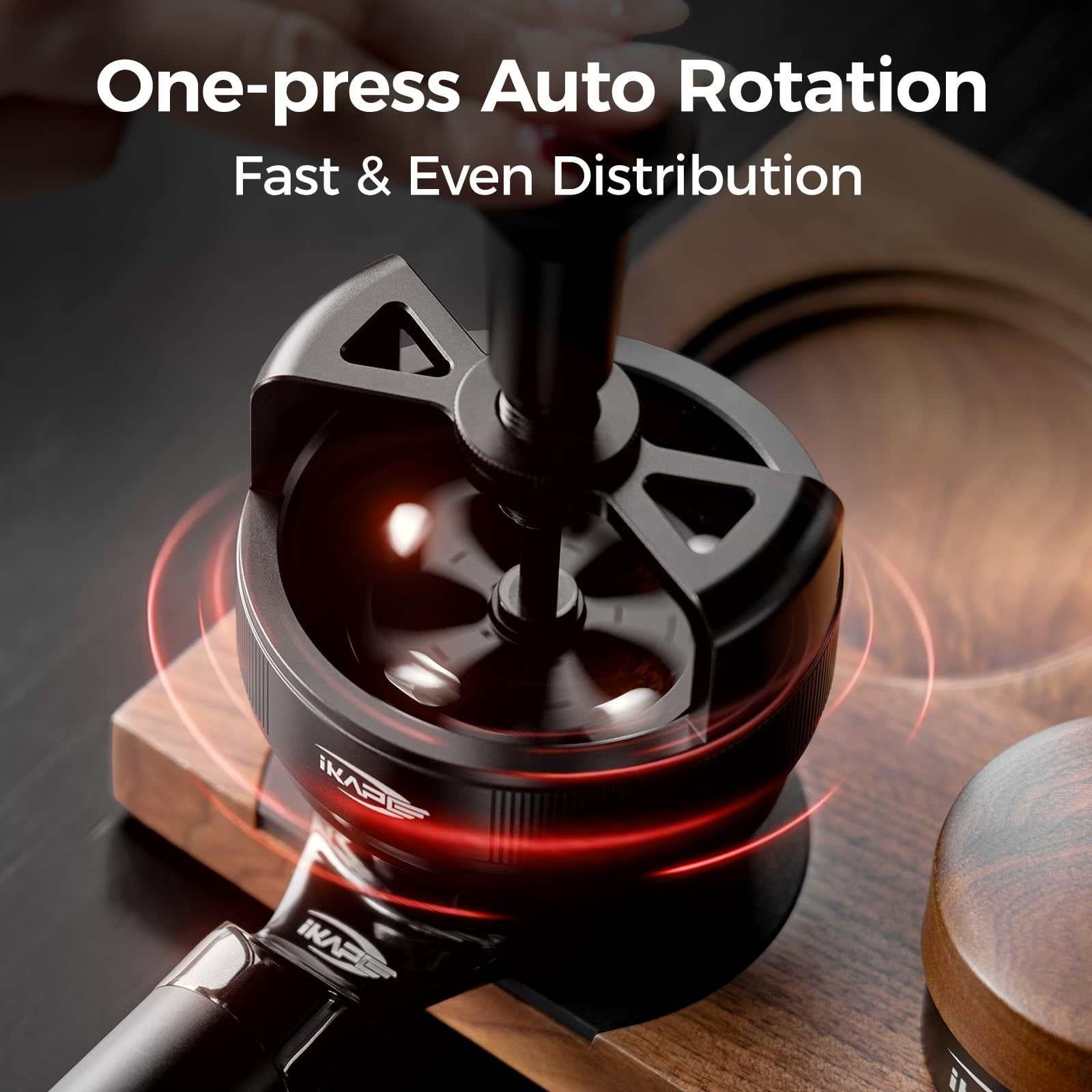 IKAPE Auto-Rotating Needle Espresso Distribution Tool in matte black with spring-driven rotation and adjustable stainless steel needles
