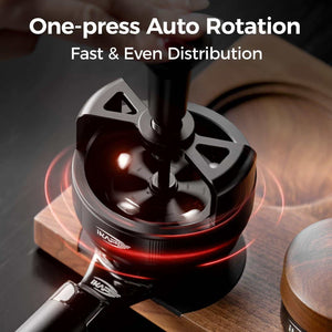 IKAPE Auto-Rotating Needle Espresso Distribution Tool in matte black with spring-driven rotation and adjustable stainless steel needles