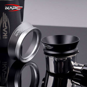 IKAPE Universal Magnetic Espresso Dosing Funnel in black and silver anodized aluminum for espresso portafilters
