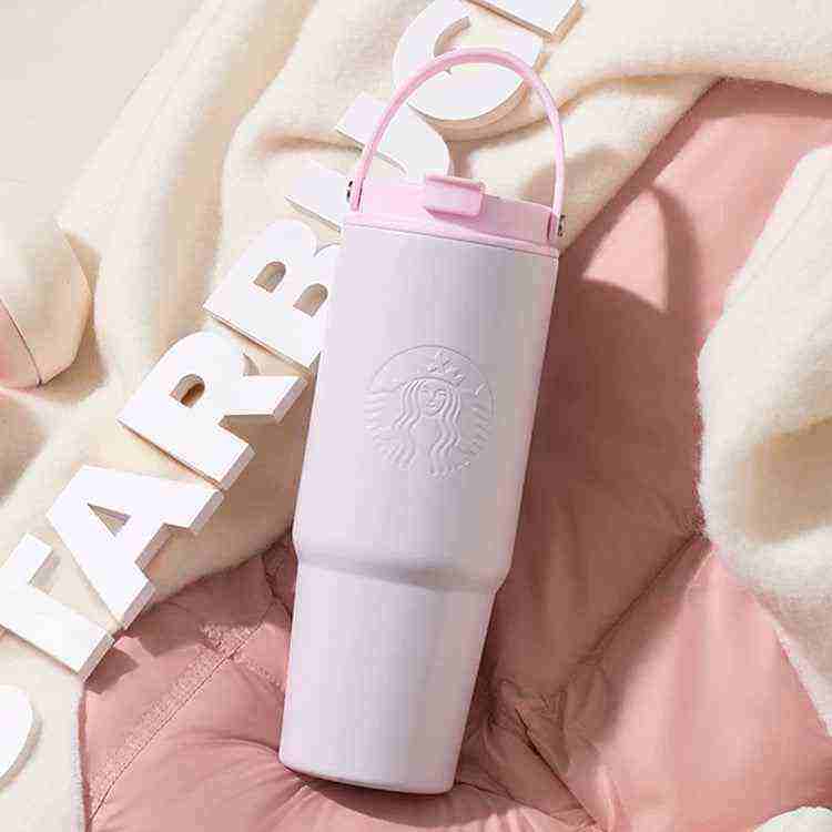 Starbucks Pink Summer Collection cups with ergonomic handles, pastel designs, and braided straps for eco-friendly, stylish cold drinks