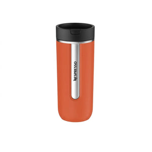 Insulated travel coffee mug in sage green, pink and orange with capacity labels