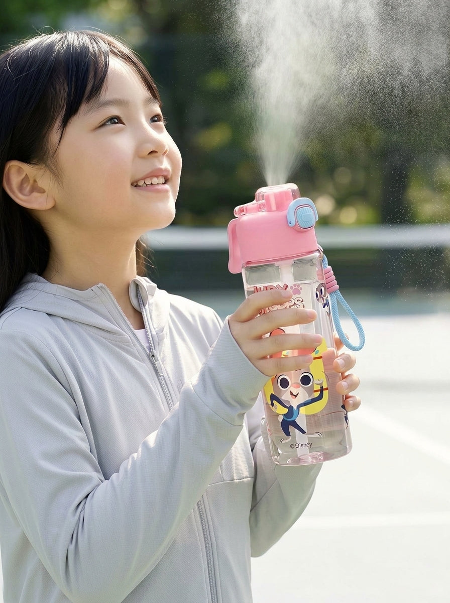 Kids water bottle with straw and mist spray in a character design