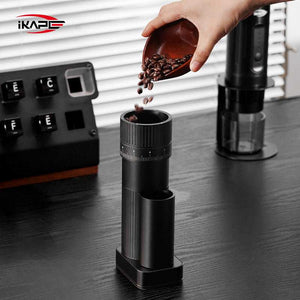 IKAPE portable electric coffee grinder with anodized aluminum body and hexagonal steel burr for espresso