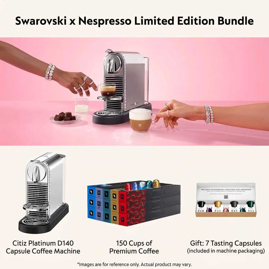 Nespresso Citiz Swarovski Edition set showing platinum machine, capsule boxes and sample capsules